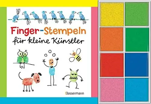 Produktbild: Fingerstempeln für kleine Künstler-Set: Buch und 8 Stempelkissen.