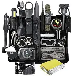 Produktbild: FINIBO Survival Kit 21 in 1, Outdoor Ausrüstung, Außen Notfall Set mit Kompass Taktische Taschenlampe und Weiterem Zubehör, für Camping, Bushcraft, Wandern, Jagde, Abenteuer, Schwarz, 20.6*12.8*5.5cm