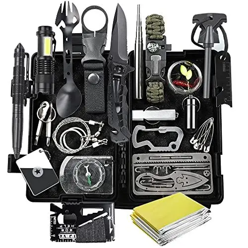 Produktbild: FINIBO Survival Kit 21 in 1, Outdoor Ausrüstung, Außen Notfall Set mit Kompass Taktische Taschenlampe und Weiterem Zubehör, für Camping, Bushcraft, Wandern, Jagde, Abenteuer, Schwarz, 20.6*12.8*5.5cm