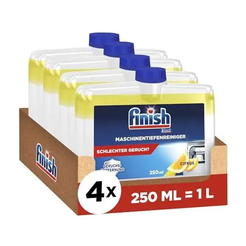 Produktbild: Finish Maschinentiefenreiniger Citrus – Flüssiger Maschinenreiniger gegen Kalk und Fett für eine saubere Spülmaschine – Sparpack mit 4 x 250 ml Maschinenpfleger mit Zitronenduft