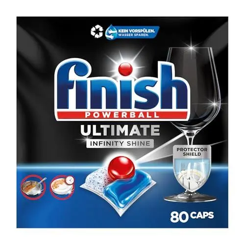 Produktbild: Finish Ultimate Infinity Shine Spülmaschinentabs – Geschirrspültabs für Tiefenreinigung, Fettlösekraft und Glanz mit Schutzschild – 80 Finish Caps