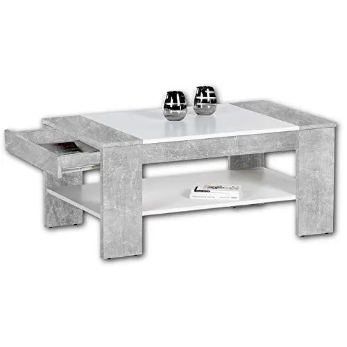 Produktbild: FINLEY Plus Couchtisch in Beton Optik, Weiß - geräumiger Sofatisch mit Schublade & Ablage für Ihren Wohnbereich - 100 x 44 x 58 cm (B/H/T)