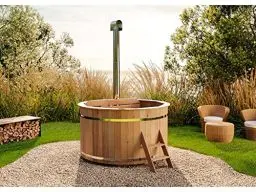 Produktbild: Finntherm Holz Badefass Bergen, Hot Tub Ø 160 x 101 cm, inkl. Edelstahl-Ofen 22 kW und Einstiegsleiter, 3-4 Personen, Schwimmbecken, Badebottich, Sprudelbad