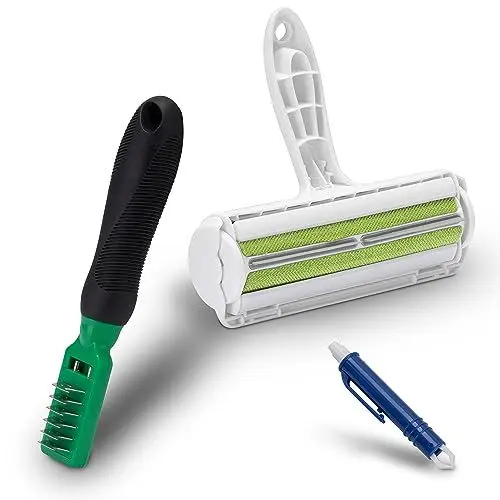 Produktbild: FinoPet 3er Entfilzungs-Set Entfilzungsbürste als Hundebürste/Katzenbürste, XL Fusselrolle und Zeckenzange, Entfilzungsmesser für alle Tiergrößen, Tierhaarentferner, Automatische Zeckenentfernung