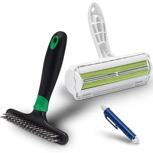 Produktbild: FinoPet 3er Entfilzungs-Set Entfilzungsstriegel als Hundebürste/Katzenbürste, XL Fusselrolle und Zeckenzange, Entfilzungshaken für alle Tiergrößen, Tierhaarentferner, Automatische Zeckenentfernung