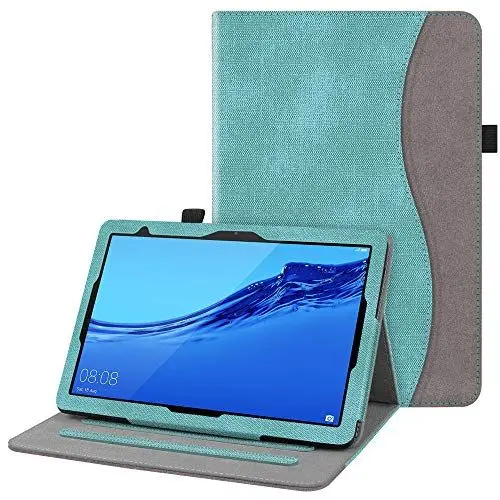 Produktbild: Fintie Hülle für Huawei MediaPad T5 10.1 - Kunstleder Multi-Winkel Betrachtung Folio Stand Schutzhülle mit Dokumentschlitze für Huawei MediaPad T5 10 10,1 Zoll 2018 Tablet, Jeansoptik Türkis