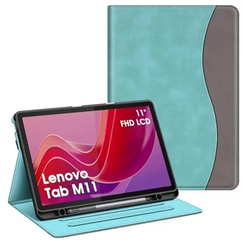 Produktbild: Fintie Hülle mit Stifthalter für Lenovo Tab M11 (TB330) 11 Zoll 2024, Soft TPU Rückseite Gehäuse Schutzhülle mit Dokumentschlitze und Multi-Winkel Ansicht, Nicht für Lenovo Tab P11 11 Zoll, Türkis