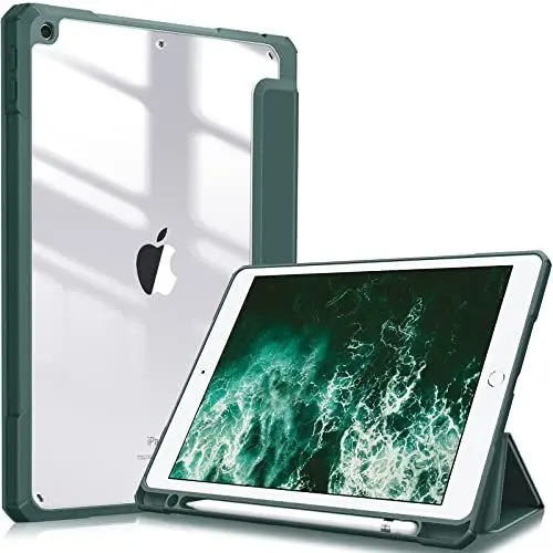 Produktbild: Fintie Hybrid Hülle für 10.2 Zoll iPad 9. Generation 2021/8. Gen 2020/7. Gen 2019 mit Stifthalter - Stoßfeste Schutzhülle mit transparenter Hartschale auf der Rückseite, Dunkelgrün