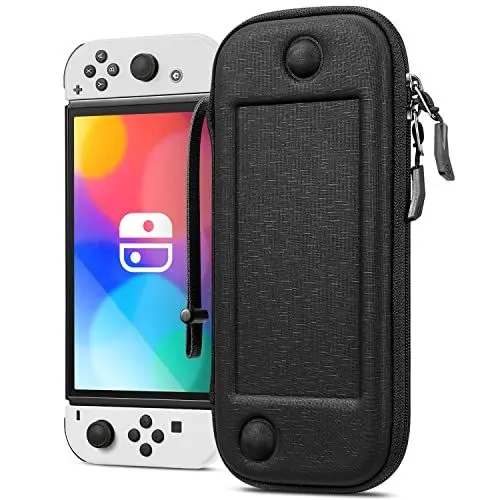 Produktbild: FINTIE Slim Tasche Kompatibel mit Nintendo Switch 2017/Switch OLED Modell 2021 - (Ultradünn) Stoßfeste Hartschalen Tragetasche mit 10 Spielkartenhaltern für Switch Konsole Joy-Con, Denim Schwarz