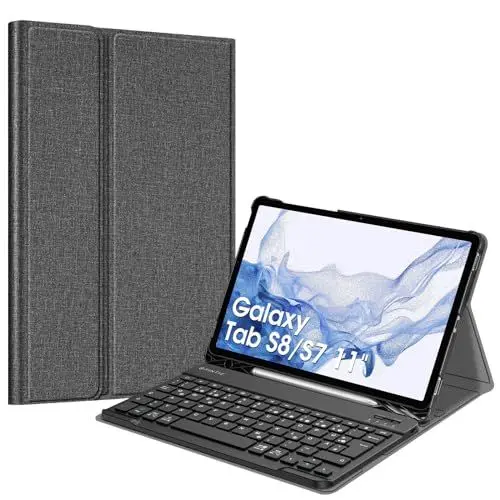 Produktbild: Fintie Tastatur Hülle für Samsung Galaxy Tab S8 11 Zoll 2022 /S7 11 Zoll 2020 Tablet, Keyboard Cover mit Magnetisch Abnehmbarer Deutscher Bluetooth Tastatur, Jeansoptik Dunkelgrau