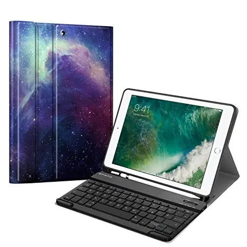 Produktbild: Fintie Tastatur Hülle für iPad 9.7 2018 (6. Generation), Soft TPU Rückseite Gehäuse Keyboard Case mit eingebautem Pencil Halter, magnetisch Abnehmbarer QWERTZ Bluetooth Tastatur, Die Galaxie