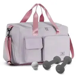 Produktbild: FIORETTO 35L Damen Sporttasche Faltbare Reisetasche mit Schuhfach und Nassfach, Wasserabweisende Weekender Gym Travel Bag Handgepäck Tasche Trainingstasche für Damen Herren Grau&Pink