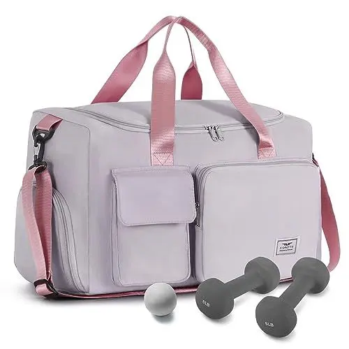 Produktbild: FIORETTO 35L Damen Sporttasche Faltbare Reisetasche mit Schuhfach und Nassfach, Wasserabweisende Weekender Gym Travel Bag Handgepäck Tasche Trainingstasche für Damen Herren Grau&Pink