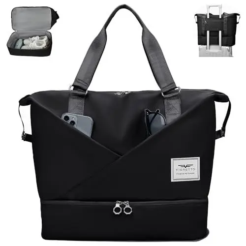 Produktbild: FIORETTO Damen Reisetasche mit Laptopfach, Sporttasche Handgepäck Weekender Bag Schwimmtasche mit separatem Schuhfach und Nassfach Travel Bag Duffle Bag Fitnesstasche Trainingstasche für Damen Schwarz