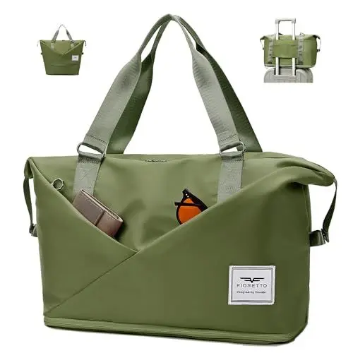 Produktbild: FIORETTO Erweiterbare Damen-Reisetasche, Duffle Bag mit Laptop-Fach, Handgepäck-Tasche mit Trolley-Hülle, Weekender Fitnesstasche Trainingstasche Krankenhaustasche mit Schuhfach und Nassfach Grün
