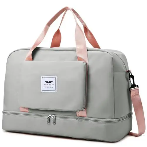 Produktbild: FIORETTO Faltbare Damen-Reisetasche, Wochenend-Krankenhaus-Übernachtungstasche mit Schuhfach und Nassfach, Wasserabweisende Sporttasche Handgepäcktasche Grau