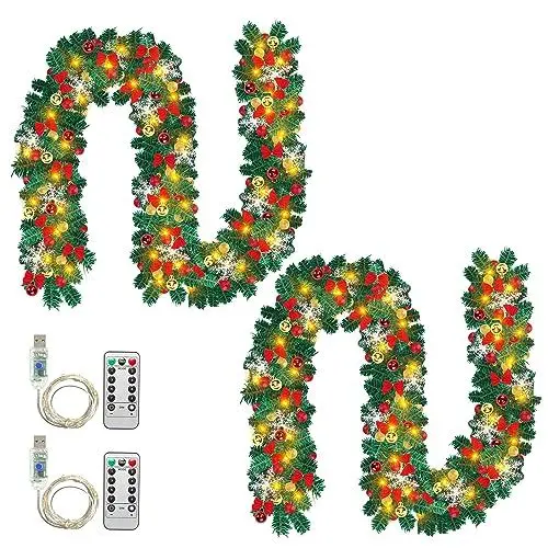 Produktbild: Fiqops Weihnachtsgirlande mit Beleuchtung, 2er 5m 100 LEDs Warmweiß inkl.Deko und Fernbedienung, Künstliche Tannengirlande USB 8 Modus Lichterketten, Weihnachtsdeko für Kamine Treppen Wand