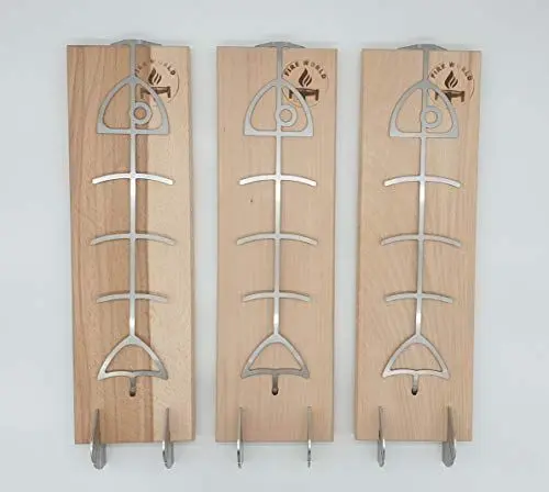 Produktbild: Fire World - Flammlachsbretter - 3er Set Flammlachsbrett - Flammlachsbretter mit Halterung aus Edelstahl - Lachsbretter aus Buche - Lachsbrett - Feuerschale - Räucherbrett - Made in Germany