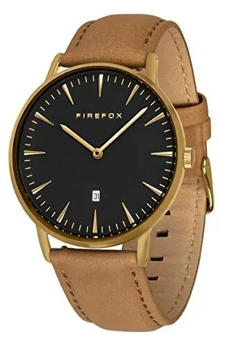 Produktbild: FIREFOX Damenuhr Herren- Armbanduhr Passion analog Quarz Edelstahl gelb vergoldet Lederarmband braun Zifferblatt schwarz 5 ATM wasserdicht FFPL02-173