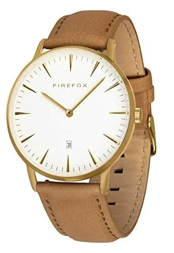 Produktbild: FIREFOX Damenuhr Herren- Armbanduhr Passion analog Quarz Edelstahl gelb vergoldet Lederarmband braun Zifferblatt weiß 5 ATM wasserdicht FFPL02-163