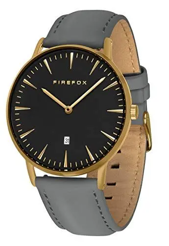 Produktbild: FIREFOX Damenuhr Herren- Armbanduhr Passion analog Quarz Edelstahl gelb vergoldet Lederarmband grau Zifferblatt schwarz 5 ATM wasserdicht FFPL02-174