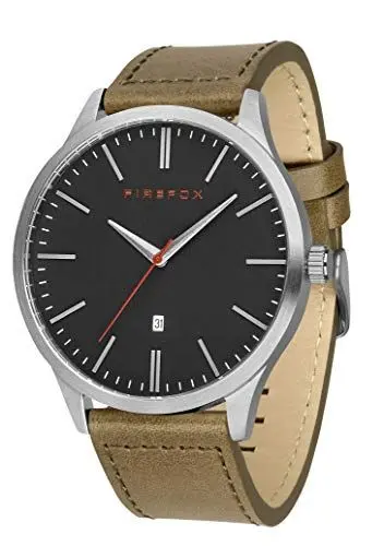 Produktbild: FIREFOX Herren- Armbanduhr XCHANGE analog Quarz Edelstahl matt gebürstet Lederarmband braun Oliv Zifferblatt schwarz Datum 5 ATM wasserdicht FFPL01-132