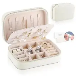 Produktbild: Firelex Schmuckkästchen Reise Damen Klein Samt Schmuckaufbewahrung Tragbar Schmuckkoffer mit Reißverschluss, Schmuckbox für Ringe, Ohrringe, Halsketten, Geschenk, Weiß