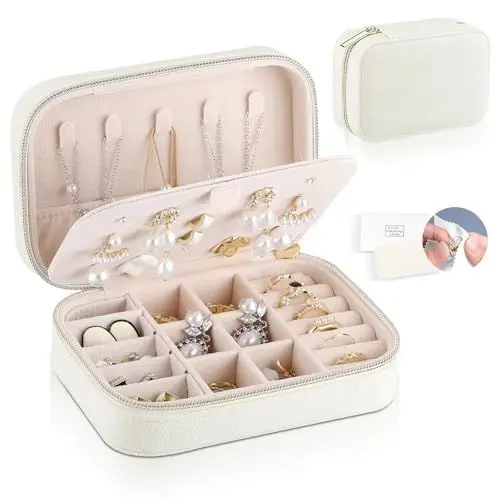 Produktbild: Firelex Schmuckkästchen Reise Damen Klein Samt Schmuckaufbewahrung Tragbar Schmuckkoffer mit Reißverschluss, Schmuckbox für Ringe, Ohrringe, Halsketten, Geschenk, Weiß