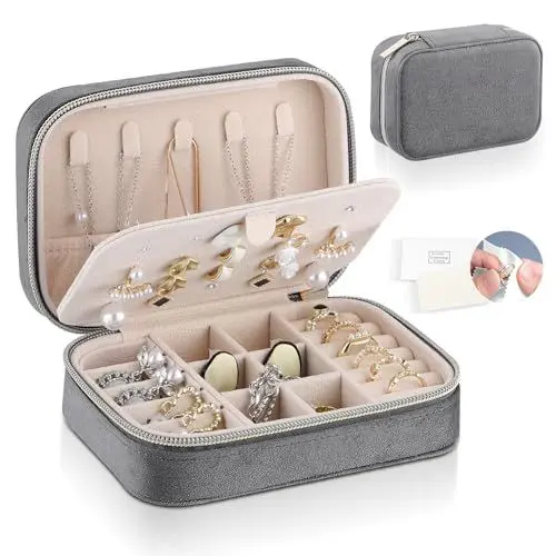 Produktbild: Firelex Schmuckkästchen Reise Damen Klein Samt Schmuckaufbewahrung Tragbar Schmuckkoffer mit Reißverschluss, Schmuckbox für Ringe, Ohrringe, Halsketten, Geschenk, Rosa