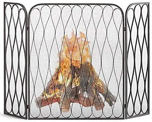 Produktbild: Fireplace Screen Guard, Funkenschutz 3-Panel 50 x 35 Zoll Schmiedeeisengitter Kaminschutzgitter Funkenschutzgitter mit klappbaren Paneelen, schwarzes rustikales abgenutztes Finish