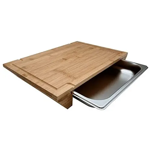 Produktbild: FireRocket Bambus Schneidebrett Set 43 x 28 x 7 cm | Tranchierbrett mit Edelstahl Auffangschale Saftrille | Antibakterielles Holzbrett Cutting Board