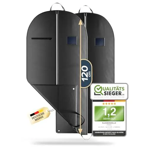 Produktbild: FiRiO® 2 x Premium Kleidersack für Anzug, Hemd & Co - BIS 50% DICKERES Material - Faltbare Business Anzugtasche - Atmungsaktive Kleiderhülle für Reise & Aufbewahrung - Kleidersäcke - Größe: 120x60cm