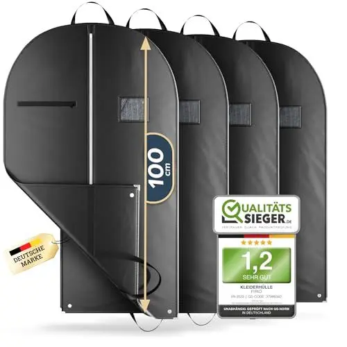 Produktbild: FiRiO® 4 x Premium Kleidersack - BIS 50% DICKERES MATERIAL - Faltbare Kleidersack Reisetasche - Business Anzugtasche - Atmungsaktive Kleiderhülle für Reise & Aufbewahrung - Kleidersäcke 100x60cm