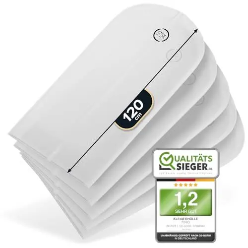 Produktbild: FiRiO® 5 x Premium Kleidersäcke mottensicher, atmungsaktiv & wasserfest - Transparente Kleiderhülle für Anzug, Hemd & Co - Kleidersäcke mit Reißverschluss - Kleiderschutzhüllen - Größe: 120x60cm