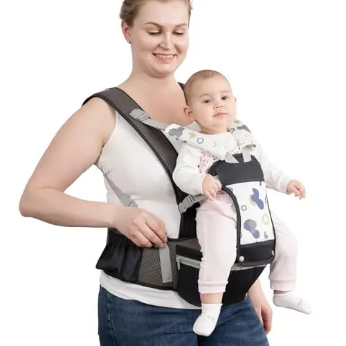 Produktbild: fisca Babytrage Neugeborenes bis Kleinkind, Ergonomische Babytrage mit Hüftsitz für 0-48 Monate Baby, 15-in-1 Möglichkeiten zum Tragen Baby Hüfttrage mit Rückenpolster Abnehmbar (Dunkelgrauer Druck)