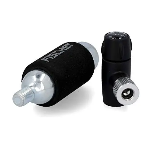 Produktbild: FISCHER 50392 Fahrrad CO2 Luftpumpe und Kartusche, passend für alle Ventile (AV,,DV, SV), Schwarz, Schwarz, mit Dosierhebel