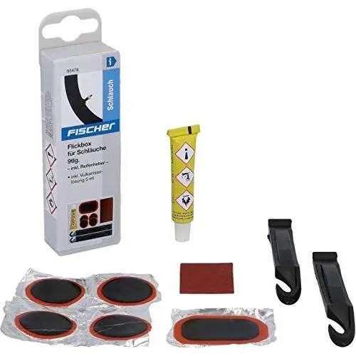 Produktbild: FISCHER Fahrrad Flickbox, Reparatur-Set für Schläuche, Pannen-Flickzeug-Set, einfache Anwendung, ideal für unterwegs, 9-teilig, Schwarz