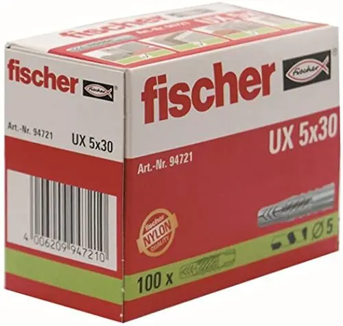 Produktbild: FISCHER Universaldübel UX 5 x 30, Schachtel mit 100 Nylondübeln, Allzweckdübel ohne Rand, für optimalen Halt bei Befestigungen in Beton, Gipskarton, Kalksand-Lochstein uvm.