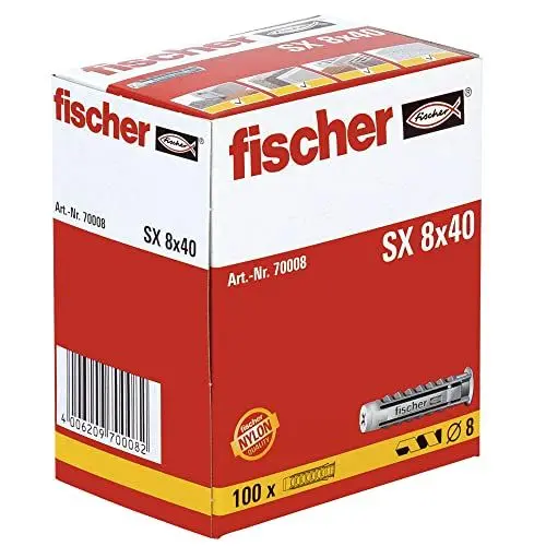 Produktbild: Fischer Spreizdübel SX 8 x 40, Schachtel mit 100 Nylondübeln, Dübel für optimalen Halt bei Befestigungen in Beton, Hochlochziegel, Porenbeton, Vollziegel uvm., Standard, 70008