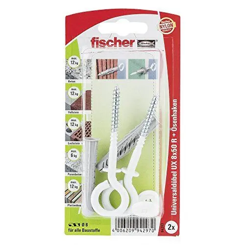 Produktbild: fischer 094297 OH N K SB-Karte, Inhalt Universaldübel UX 8 x 50 R (mit Rand), 2 x Ösenschraube 5,5 x 87, nylonbeschichtet