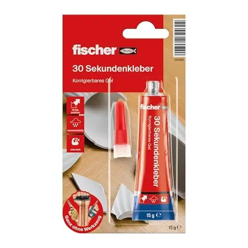 Produktbild: fischer 30 Sekundenkleber, korrigierbarer Kleber, klebt in Sekundenschnelle fast alle Materialien, kraftvoller Klebstoff, transparent, 15 g