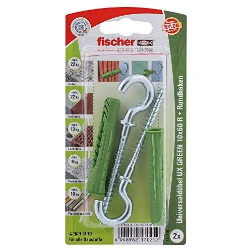 Produktbild: fischer 520710 10x60 R RH K, Inhalt Universaldübel UX Green 10 x 60 R (mit Rand), 2 x Rundhaken 7 x 97