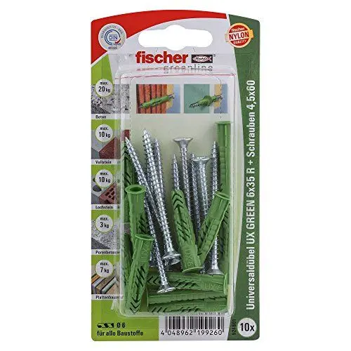 Produktbild: fischer 524801 6x35 R S K, Inhalt Universaldübel UX Green 6 x 35 R (mit Rand), 10 x Spanplattenschraube 4,5 x 60, Mehrfarbig