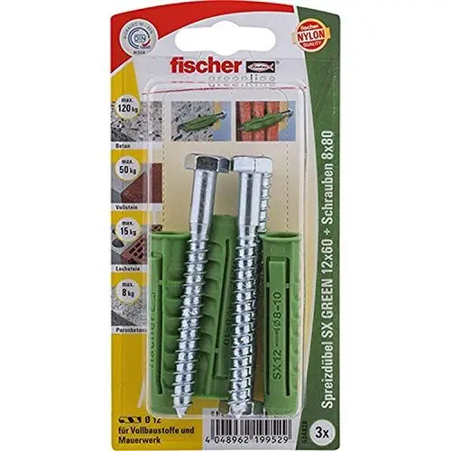 Produktbild: fischer 524828 Spreizdübel 12x60 S K, Inhalt: 3 x Dübel SX Green 12 x 60, 3 x 6-kt-Schraube 8 x 80
