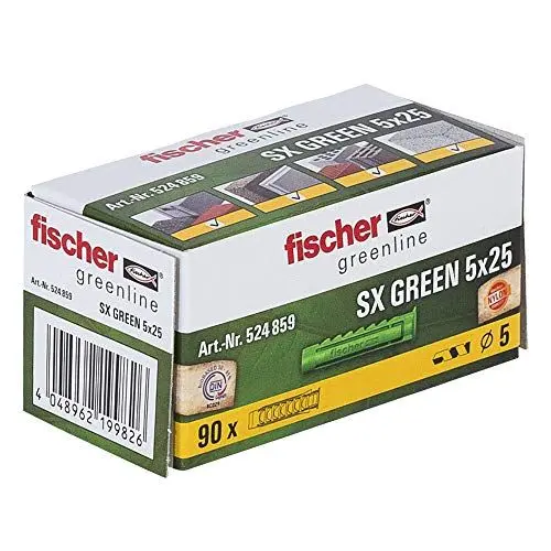 Produktbild: fischer 524859 Spreizdübel SX GREEN 5 x 25, Schachtel mit 90 nachhaltigen Dübeln, Allzweckdübel aus nachwachsenden Rohstoffen, optimaler Halt in Beton, Hochlochziegel, Porenbeton, Vollziegel uvm.