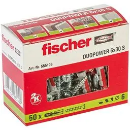 Produktbild: fischer DuoPower 6 x 30 S, Universaldübel mit Senkkopfschraube, 2-Komponenten-Dübel, Kunststoffdübel zur Befestigung in Beton, Ziegeln, Stein, Gipskarton uvm., 50 Dübel + 50 Schrauben