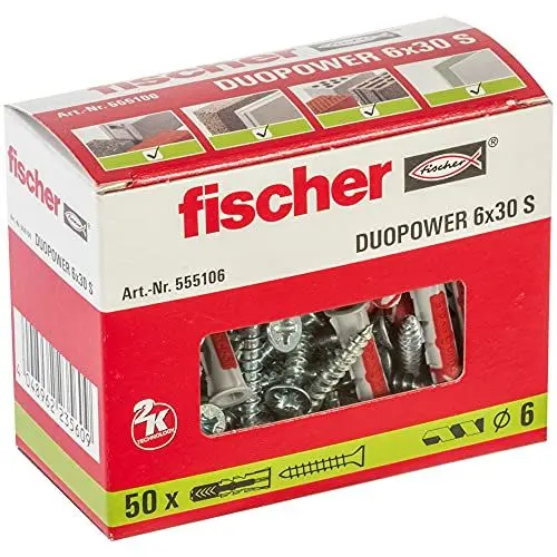 Produktbild: fischer DuoPower 6 x 30 S, Universaldübel mit Senkkopfschraube, 2-Komponenten-Dübel, Kunststoffdübel zur Befestigung in Beton, Ziegeln, Stein, Gipskarton uvm., 50 Dübel + 50 Schrauben