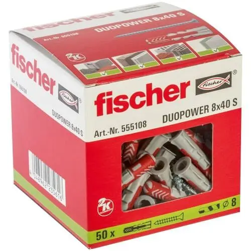 Produktbild: fischer DuoPower 8 x 40 S, Universaldübel mit Sicherheitsschraube, 2-Komponenten-Dübel, Kunststoffdübel zur Befestigung in Beton, Ziegeln, Stein, Gipskarton uvm., 50 Dübel + 50 Schrauben
