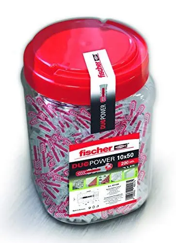 Produktbild: fischer 557385 Wanddübel 10x50 Beton, Dose Eimer mit 10 x 50 Duopower (200 Stück), Grau/Rot, 10x50/200 uds
