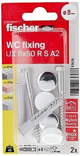 Produktbild: fischer Befestigungs - Set WC N - Set zur sicheren Befestigung von Keramik Stand-WCs und -Bidets, mit Abdeckkappen - 8 Teile - Art.-Nr. 83628